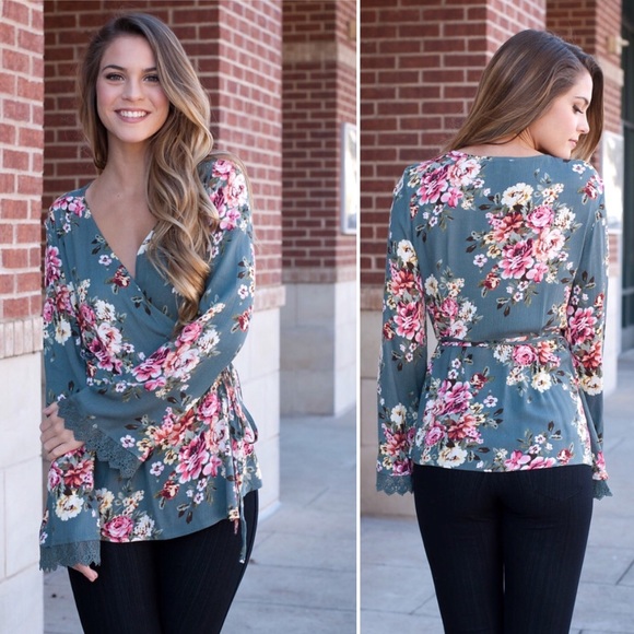 Teal Floral Wrap top - Picture 5 of 7